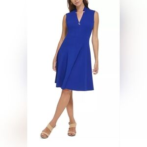 New! Calvin Klein Blue Sleeveless Notched V Neck Knit Fit & Flare Dress 12